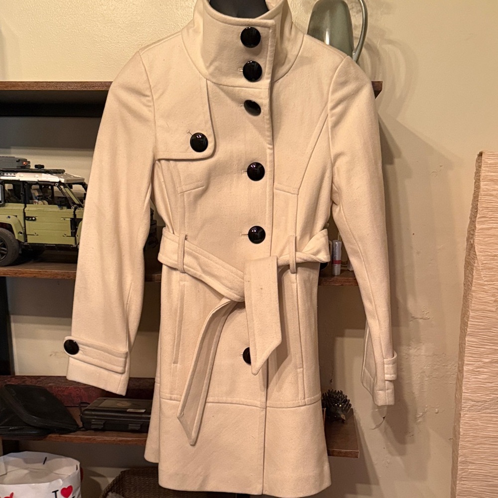 Express Cream Wool Trench Coat with Black Buttons
